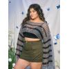 imageFloerns Womens Plus Size Boat Neck Long Sleeve Hollow Out Crochet Cropped SweaterBlack and Grey