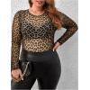 imageFloerns Womens Plus Size Floral Print Mock Neck Sheer Mesh Tee Shirts TopYellow Leopard