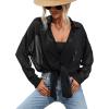 imageFloerns Womens Sheer Drop Shoulder Blouse Long Sleeve Collar Button Loose Shirts TopsA Black