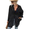 imageFloerns Womens Sheer Drop Shoulder Blouse Long Sleeve Collar Button Loose Shirts TopsA Black