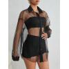 imageFloerns Womens Sheer Drop Shoulder Blouse Long Sleeve Collar Button Loose Shirts TopsSolid Black