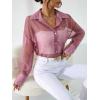 imageFloerns Womens Sheer Drop Shoulder Blouse Long Sleeve Collar Button Loose Shirts TopsSolid Pink