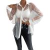 imageFloerns Womens Sheer Drop Shoulder Blouse Long Sleeve Collar Button Loose Shirts TopsWhite