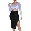 imageFloerns Womens Solid High Waisted Ruched Split Thigh Bodycon Midi SkirtBlack