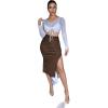 imageFloerns Womens Solid High Waisted Ruched Split Thigh Bodycon Midi SkirtBrown