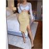 imageFloerns Womens Solid High Waisted Ruched Split Thigh Bodycon Midi SkirtKhaki Solid