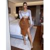 imageFloerns Womens Solid High Waisted Ruched Split Thigh Bodycon Midi SkirtRust Brown