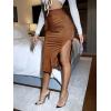 imageFloerns Womens Solid High Waisted Ruched Split Thigh Bodycon Midi SkirtRust Brown