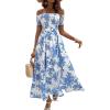 imageFloerns Womens Boho Ditsy Floral Print Off Shoulder Short Sleeve Split Maxi A Line DressBlue Plant