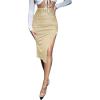 imageFloerns Womens Solid High Waisted Ruched Split Thigh Bodycon Midi SkirtKhaki Solid