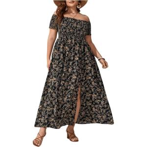 imageFloerns Womens Boho Ditsy Floral Print Off Shoulder Short Sleeve Split Maxi A Line DressBlack Khaki Floral