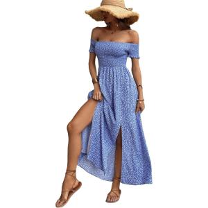 imageFloerns Womens Boho Ditsy Floral Print Off Shoulder Short Sleeve Split Maxi A Line DressBlue Ditsy Floral