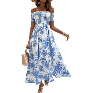 imageFloerns Womens Boho Ditsy Floral Print Off Shoulder Short Sleeve Split Maxi A Line DressBlue Plant