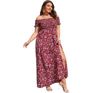 imageFloerns Womens Boho Ditsy Floral Print Off Shoulder Short Sleeve Split Maxi A Line DressBurgundy Floral Multi