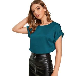 imageFloerns Womens Casual Solid Rolled Cap Short Sleeve Satin Silk Blouse TopsCadet Blue