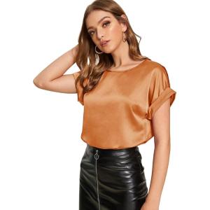imageFloerns Womens Casual Solid Rolled Cap Short Sleeve Satin Silk Blouse TopsSolid Coffee