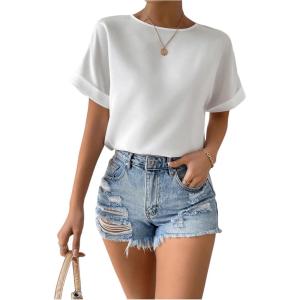 imageFloerns Womens Casual Solid Rolled Cap Short Sleeve Satin Silk Blouse TopsWhite Ivory