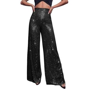 imageFloerns Womens Contrast Sequin High Waist Wide Leg Party Clubwear Long PantsBlack