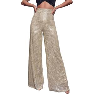 imageFloerns Womens Contrast Sequin High Waist Wide Leg Party Clubwear Long PantsChampagne