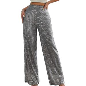 imageFloerns Womens Contrast Sequin High Waist Wide Leg Party Clubwear Long PantsSilver