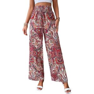 imageFloerns Womens Floral Print High Waist Beach Wide Leg Palazzo PantsRed Paisley