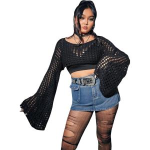 imageFloerns Womens Plus Size Boat Neck Long Sleeve Hollow Out Crochet Cropped SweaterA Black