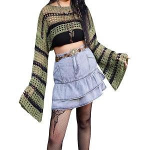 imageFloerns Womens Plus Size Boat Neck Long Sleeve Hollow Out Crochet Cropped SweaterArmy Green