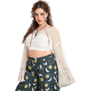 imageFloerns Womens Plus Size Boat Neck Long Sleeve Hollow Out Crochet Cropped SweaterBeige