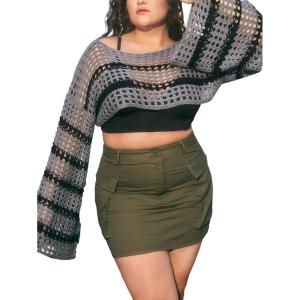 imageFloerns Womens Plus Size Boat Neck Long Sleeve Hollow Out Crochet Cropped SweaterBlack and Grey