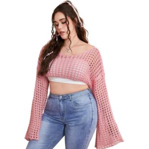 imageFloerns Womens Plus Size Boat Neck Long Sleeve Hollow Out Crochet Cropped SweaterPink