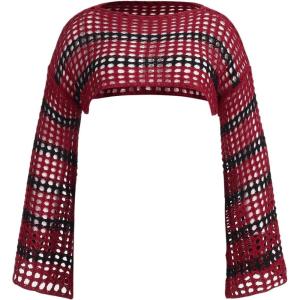 imageFloerns Womens Plus Size Boat Neck Long Sleeve Hollow Out Crochet Cropped SweaterRed