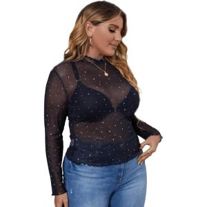 imageFloerns Womens Plus Size Floral Print Mock Neck Sheer Mesh Tee Shirts TopA Black Star