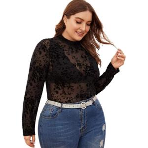 imageFloerns Womens Plus Size Floral Print Mock Neck Sheer Mesh Tee Shirts TopAblack