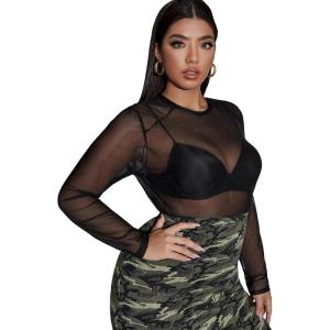 imageFloerns Womens Plus Size Floral Print Mock Neck Sheer Mesh Tee Shirts TopBlack