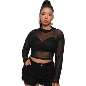 imageFloerns Womens Plus Size Floral Print Mock Neck Sheer Mesh Tee Shirts TopBlack Pure