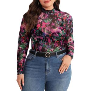 imageFloerns Womens Plus Size Floral Print Mock Neck Sheer Mesh Tee Shirts TopBlack Purple Multi