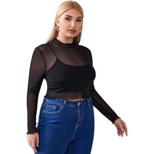 imageFloerns Womens Plus Size Floral Print Mock Neck Sheer Mesh Tee Shirts TopBlack Solid