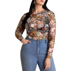 imageFloerns Womens Plus Size Floral Print Mock Neck Sheer Mesh Tee Shirts TopBlack Yellow Multi