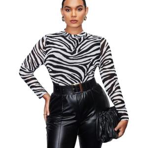 imageFloerns Womens Plus Size Floral Print Mock Neck Sheer Mesh Tee Shirts TopBlack Zebra Striped