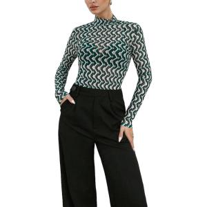 imageFloerns Womens Plus Size Floral Print Mock Neck Sheer Mesh Tee Shirts TopGreen Geo