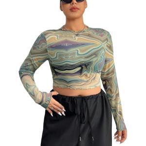 imageFloerns Womens Plus Size Floral Print Mock Neck Sheer Mesh Tee Shirts TopGreen Marble