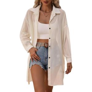 imageFloerns Womens Sheer Drop Shoulder Blouse Long Sleeve Collar Button Loose Shirts TopsApricot