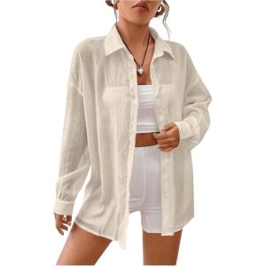 imageFloerns Womens Sheer Drop Shoulder Blouse Long Sleeve Collar Button Loose Shirts TopsApricot Solid