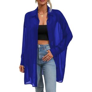 imageFloerns Womens Sheer Drop Shoulder Blouse Long Sleeve Collar Button Loose Shirts TopsBlue
