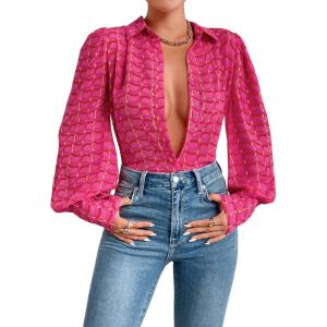 imageFloerns Womens Sheer Drop Shoulder Blouse Long Sleeve Collar Button Loose Shirts TopsHot Pink