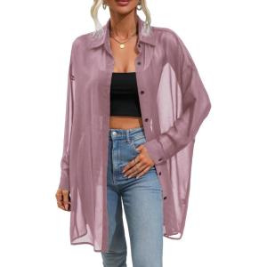 imageFloerns Womens Sheer Drop Shoulder Blouse Long Sleeve Collar Button Loose Shirts TopsPink