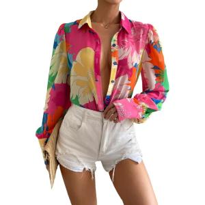 imageFloerns Womens Sheer Drop Shoulder Blouse Long Sleeve Collar Button Loose Shirts TopsPink Floral