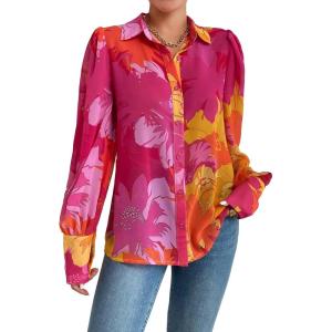 imageFloerns Womens Sheer Drop Shoulder Blouse Long Sleeve Collar Button Loose Shirts TopsRose Pink