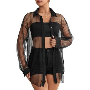 imageFloerns Womens Sheer Drop Shoulder Blouse Long Sleeve Collar Button Loose Shirts TopsSolid Black