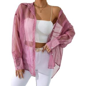imageFloerns Womens Sheer Drop Shoulder Blouse Long Sleeve Collar Button Loose Shirts TopsSolid Pink